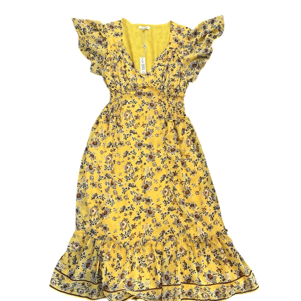 Max Studio Yellow Floral Midi Dress with Ruffle Hem Medium NWT